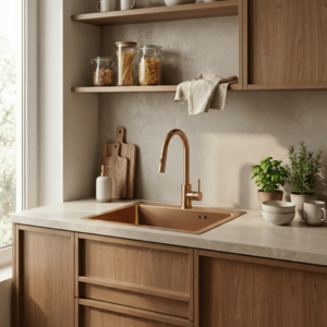 REA/S - Oceľový drez Leo 50 BRUSH COPPER s kuchynskou batériou KPL-06015 vyobraziť