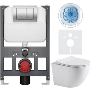 CERANO - Kompletný WC set Basic/Cesso - biela lesklá - WC tlačidlo Maxio/Strieborná - závesné - nízky modul - predstenová inštalácia - 49x36 CER-8050BD85954 vyobraziť
