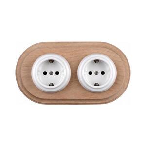 Elhard - Dvojitá keramická retro domová zásuvka s rámom SCHUKO 230V biela/drevo EF0096+2xEF0087 vyobraziť