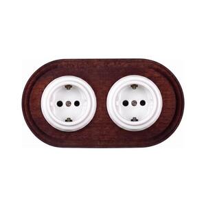 Elhard - Dvojitá keramická retro domová zásuvka s rámom SCHUKO 230V biela/drevo EF0114+2xEF0087 vyobraziť