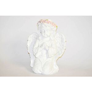 MAKRO - Anjel biely s ružovým venčekom kľačiaci 16cm, polyrezin vyobraziť