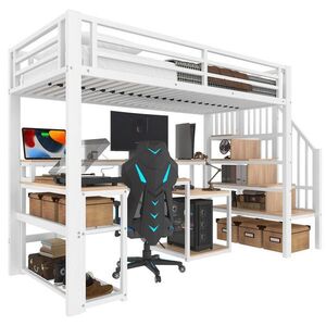 Redom VYVÝŠENÁ posteľ 90/200 cm s LED osvetlením, USB portom, písacím stolom a úložnými schodmi, Biela vyobraziť