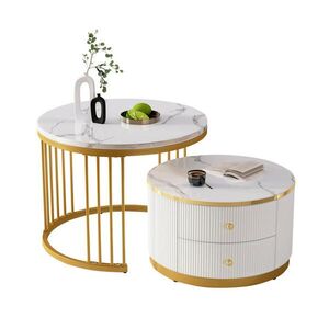 Redom KONFERENČNÝ stolík 60/60/45, 5 cm a 50/50/32 cm, 2-dielna súprava s 2 zásuvkami a mramorovým dekorom, Biela vyobraziť