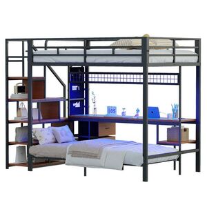 Redom VYVÝŠENÁ posteľ 140/200 + 90/200 cm s písacím stolom, LED osvetlením, zásuvkami a úložným priestorom, Čierna vyobraziť
