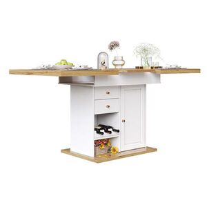 Redom JEDÁLENSKÝ stôl 110-140/80/75 cm rozkladací s úložným systémom, snackovým a vínovým regálom, Biela, Prírodná vyobraziť