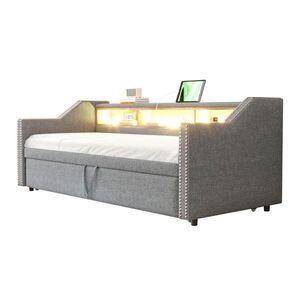 Redom ČALÚNENÁ posteľ 90/180 x 190 cm z ľanovej tkaniny s výsuvným lôžkom, LED a USB, Svetlosivá vyobraziť