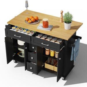 Redom KUCHYNSKÝ ostrovček 140/40(65)/89 cm s rozkladacou pracovnou doskou, zásuvkami a kolieskami, Čierna/Prírodná vyobraziť
