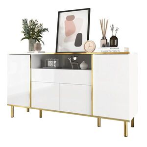 Redom SIDEBOARD 150/40/80 cm s LED osvetlením, lesklým povrchom a zlatými detailmi, Biela vyobraziť