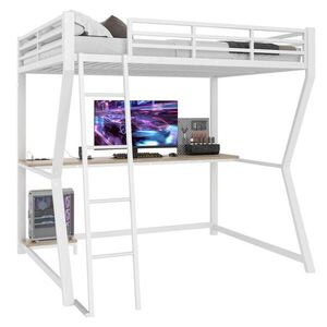 Redom VYVÝŠENÁ posteľ 140/200 cm s LED osvetlením, písacím stolom, USB a zásuvkou, kovová, Biela vyobraziť