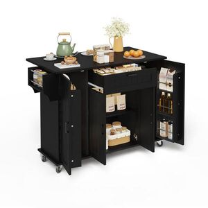 Redom KUCHYNSKÝ ostrovček 120/45(70)/95 cm so sklápacou doskou, na kolieskach, so 4 dvierkami a zásuvkou, MDF, Čierna vyobraziť