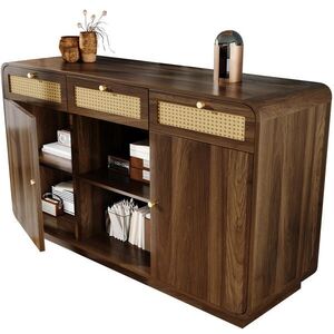 Redom SIDEBOARD 120/40/85 cm s ratanovými čelami zásuviek, 3 zásuvky, 2 skrinky a otvorený regál, Orech vyobraziť