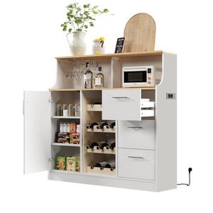 Redom SIDEBOARD 120/40/121 cm s LED osvetlením, zásuvkou, držiakom na poháre a stojanom na víno, Biela/Prírodná vyobraziť