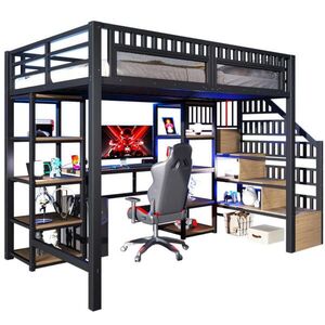 Redom VYVÝŠENÁ posteľ 140/200 cm s písacím stolom, LED osvetlením, USB a úložným rebríkom, kov/MDF, Čierna vyobraziť