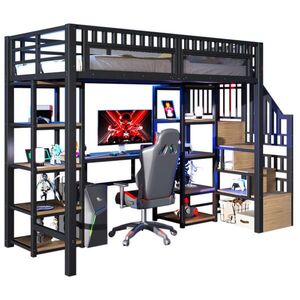 Redom VYVÝŠENÁ posteľ 90/200 cm s písacím stolom, policami, USB a LED osvetlením, kov/MDF, Čierna vyobraziť