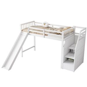 Redom VYVÝŠENÁ posteľ 90/200 cm z borovice a MDF so šmykľavkou a úložnými schodíkmi, Biela vyobraziť