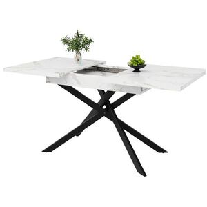 Redom JEDÁLENSKÝ stôl 120-160/80/76, 5 cm rozkladací s krížovými kovovými nohami a mramorovým vzhľadom, Biela/Čierna vyobraziť