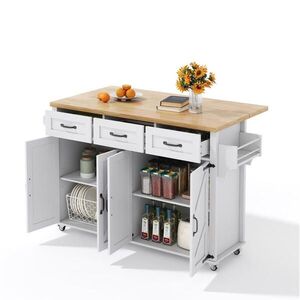 Redom KUCHYNSKÝ ostrovček 140/43(70)/90, 5 cm so sklopnou pracovnou doskou, 5 uzamykateľnými kolieskami a úložným priestorom, Biela/Prírodná vyobraziť