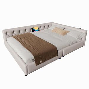 OKWISH DENNÁ posteľ 140/200 cm béžová s LED osvetlením USB a Type-C z ľanu a MDF vyobraziť