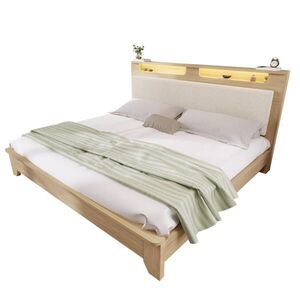 OKWISH MANŽELSKÁ posteľ 140/200 cm béžová a dubový dekor z kordovej látky a dreva s LED osvetlením a úložným čelom vyobraziť