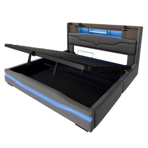 OKWISH ČALÚNENÁ posteľ 180/200 cm sivá s hydraulickým úložným priestorom LED osvetlením a USB-C z ľanu vyobraziť