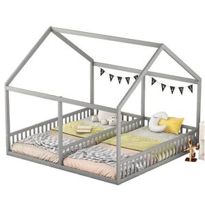 OKWISH DVOJITÁ detská posteľ 90/200 cm sivá 2 v 1 z borovicového dreva s domčekovým rámom a zábranami vyobraziť