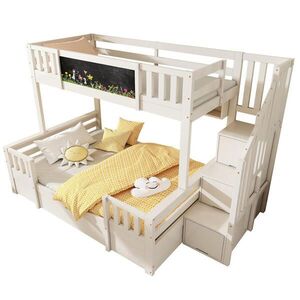 OKWISH POSCHODOVÁ posteľ 90/140/200 cm biela z masívneho dreva, MDF a kovu s úložnými schodmi, zásuvkami a tabuľou vyobraziť
