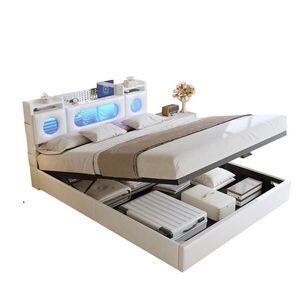 SHOPENTRA ČALÚNENÁ posteľ 160x200 cm biela LED USB Type-C plynový výťah posteľná skrinka vyobraziť