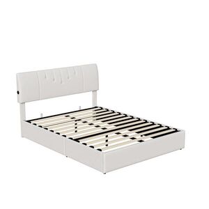 SHOPENTRA ČALÚNENÁ posteľ 140/190 cm ecru s boxom a USB portami vyobraziť