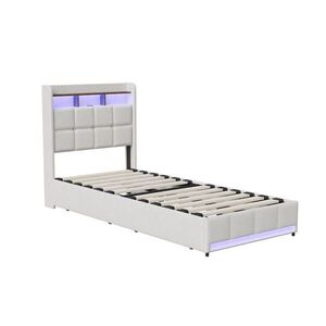 SHOPENTRA ČALÚNENÁ posteľ 90×200cm béžová, ľanová, 2 zásuvky, USB, LED vyobraziť