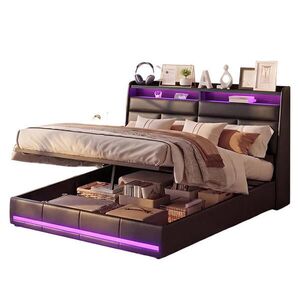 SHOPENTRA ČALÚNENÁ posteľ 160x200 cm Čierna PU koža LED Plynový výťah Bedbox vyobraziť