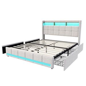 ČALÚNENÁ posteľ 140x200 cm s USB, 4 zásuvky, LED, ľanová, béžová vyobraziť