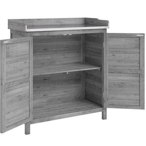 Modfu ZÁHRADNÁ skrinka s pracovnou doskou z masívneho smrekového dreva 83x40x92 cm sivá s 2 vnútornými priehradkami a pozinkovanou doskou vyobraziť