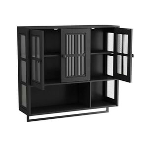 Modfu NÁSTENNÁ skrinka z MDF a tvrdeného skla 88x26x82, 5 cm čierna s otvoreným a uzavretým úložným priestorom vyobraziť