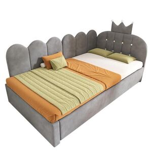 OKWISH POSTEĽ s výsuvným lôžkom 90/200 cm sivá zo zamatu s korunovým a mriežkovým čelom vyobraziť