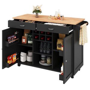 Redom KUCHYNSKÝ ostrovček 102/45/92 cm s kolieskami, úložným priestorom, stojanom na víno a MDF doskou, Čierna vyobraziť