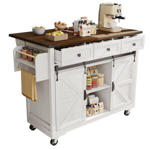 SHOPENTRA KUCHYNSKÝ ostrovček v drevenom vzhľade s posuvnými dverami, 3 zásuvkami a kolieskami vyobraziť