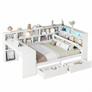 OKWISH POSTEĽ 140/200 cm biela z MDF a preglejky s písacím stolom, knižnicou, zásuvkami a LED čelom vyobraziť