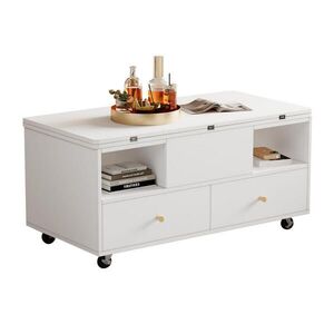OKWISH KONFERENČNÝ stolík 100/50/47, 5 cm biely výškovo nastaviteľný a rozkladací z MDF so 4 zásuvkami a kolieskami vyobraziť