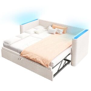 OKWISH POSTEĽ 90/200 cm béžová s LED osvetlením a plochou 180/200 cm zo zamatu a MDF vyobraziť