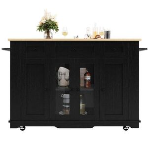 OKWISH KUCHYNSKÝ ostrovček 151, 5/60/91, 7 cm čierny a prírodný z MDF a kovu so sklom s výklopnou doskou a úložným priestorom vyobraziť