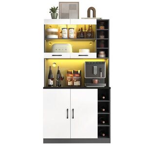 OKWISH VYSOKÁ kuchynská skrinka 100/47/187 cm bielo-sivá z MDF so sklenenou vitrínou LED osvetlením a priestorom na mikrovlnku vyobraziť