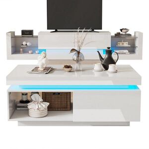 OKWISH ZOSTAVA TV stolíka a konferenčného stolíka 181/38/38 a 100/50/40, 3 cm biela s LED osvetlením z drevotrieskovej dosky vyobraziť
