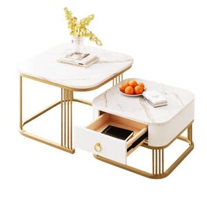 OKWISH KONFERENČNÝ stolík 60/60/45 + 50/50/34 cm bielo-zlatý z MDF s mramorovým vzhľadom a zásuvkou vyobraziť