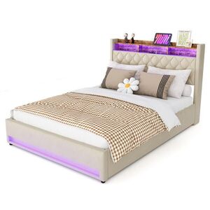 Redom ČALÚNENÁ posteľ 160/200 cm s úložným čelom a LED pásikom zo sametu, béžová vyobraziť