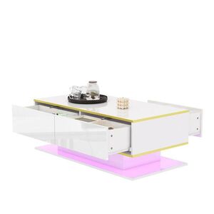 OKWISH KONFERENČNÝ stolík 100/50/40 cm bielo-zlatý z drevotriesky s LED osvetlením, 3 zásuvkami a otvorenou policou vyobraziť