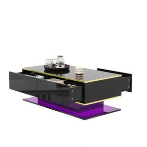 OKWISH KONFERENČNÝ stolík 100/50/40 cm čierny so zlatými detailmi s LED osvetlením a 3 zásuvkami z drevotriesky vyobraziť