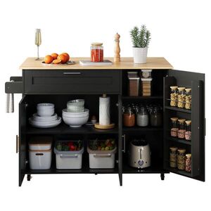OKWISH KUCHYNSKÝ vozík 132, 5/44(70)/90 cm čierny a prírodný z MDF so sklopnou pracovnou doskou a kolieskami vyobraziť