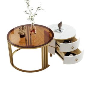 OKWISH SADA konferenčných stolíkov 70/70/45 a 50/50/40 cm bielo-hnedá s 2 zásuvkami z MDF a skla vyobraziť