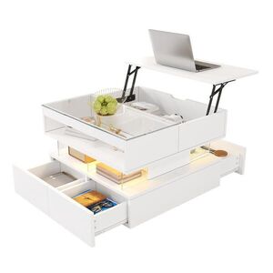OKWISH KONFERENČNÝ stolík 70/67/57 cm biely z drevotriesky s výklopnou doskou LED osvetlením a úložným priestorom vyobraziť