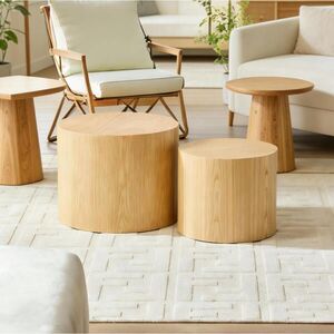 OKWISH SADA konferenčných stolíkov Ø48x38 a Ø38x32 cm prírodná z MDF zasúvateľná a priestorovo úsporná vyobraziť